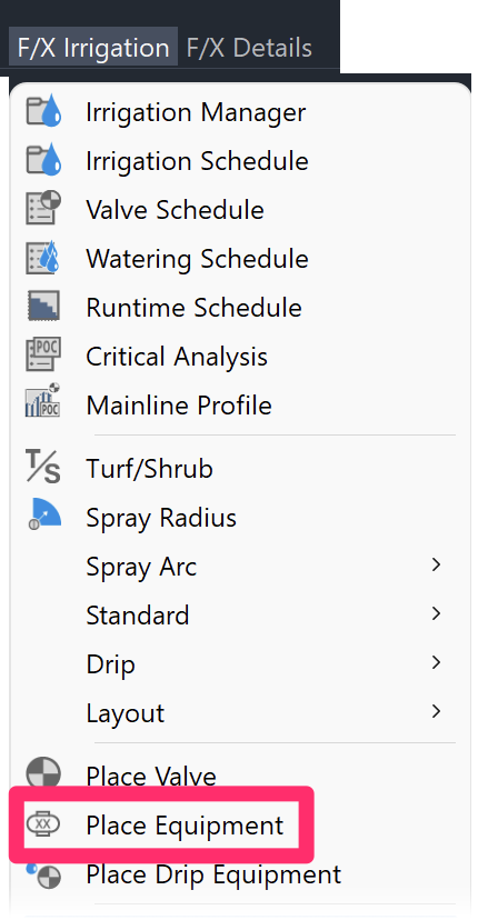 F/X Irrigation menu